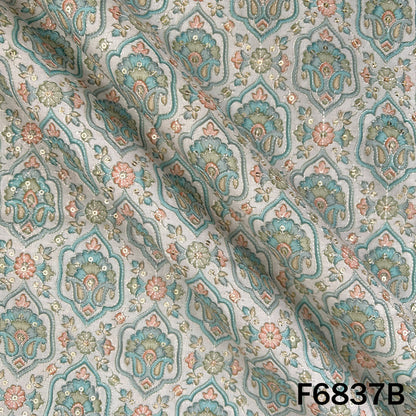 Thread Sequins Embroidered Positional Print Linen Fabric - F6837