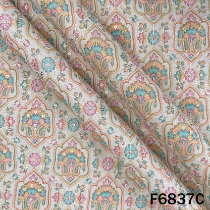 Thread Sequins Embroidered Positional Print Linen Fabric - F6837