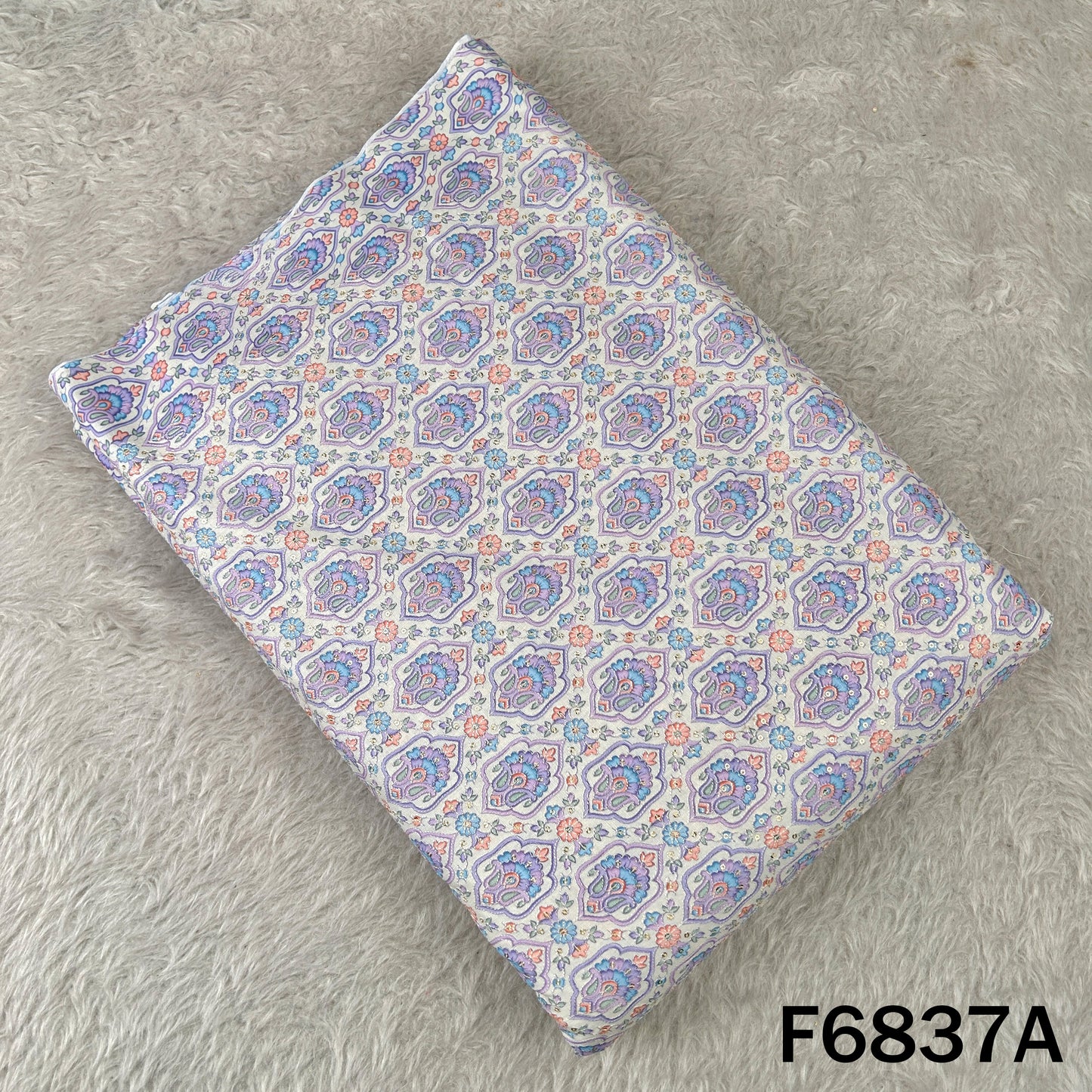 Thread Sequins Embroidered Positional Print Linen Fabric - F6837