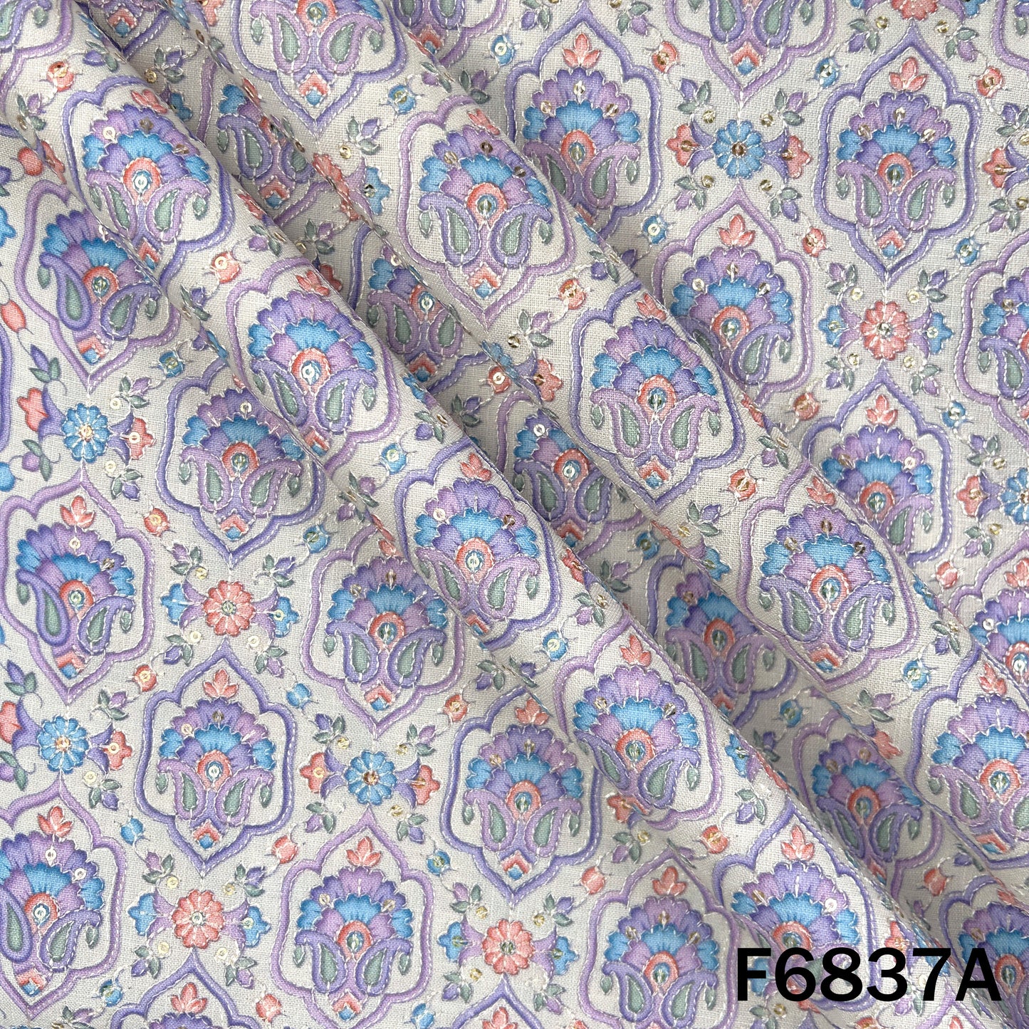Thread Sequins Embroidered Positional Print Linen Fabric - F6837