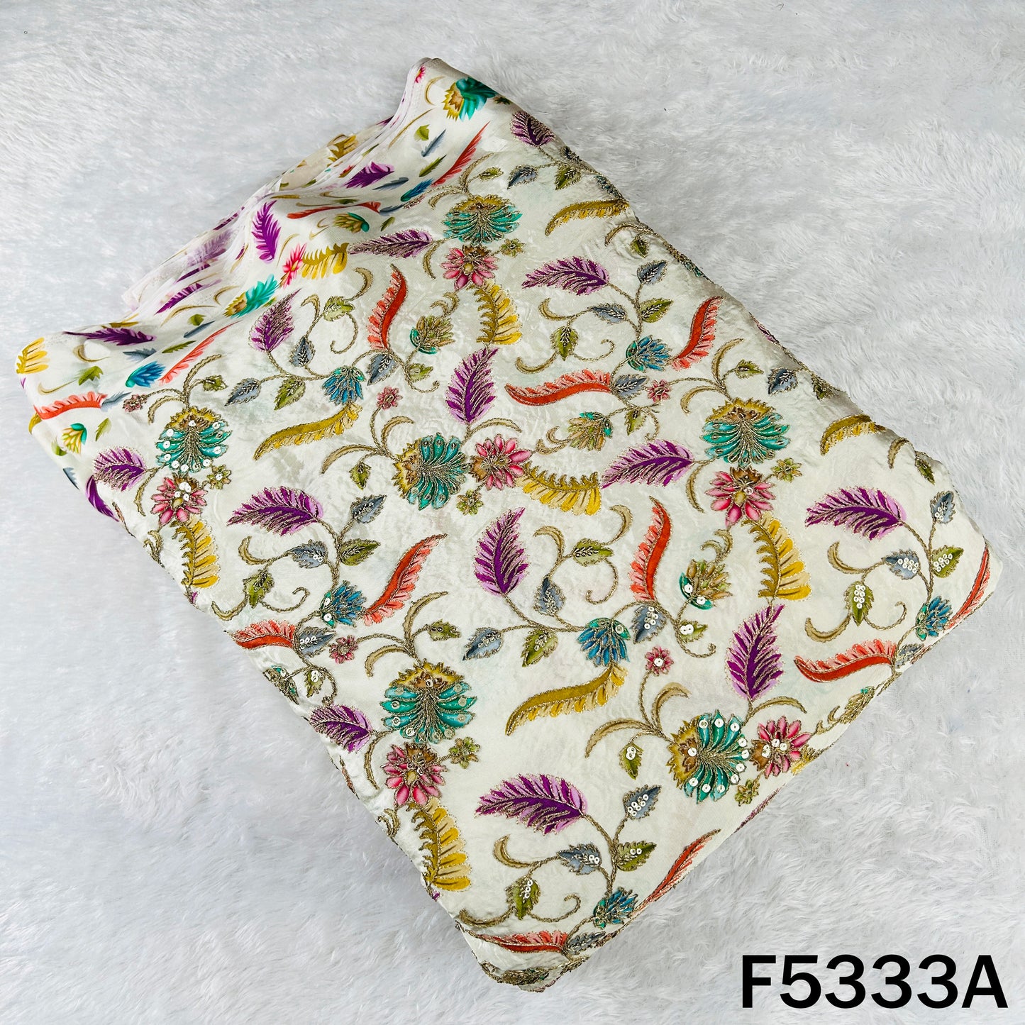 Digital Print Zari Sequins Embroidered Crepe Fabric - F5333