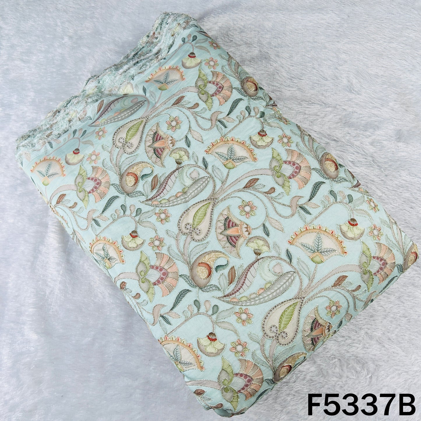 Digital Print Zari Embroidered Cotton Silk Fabric - F5337