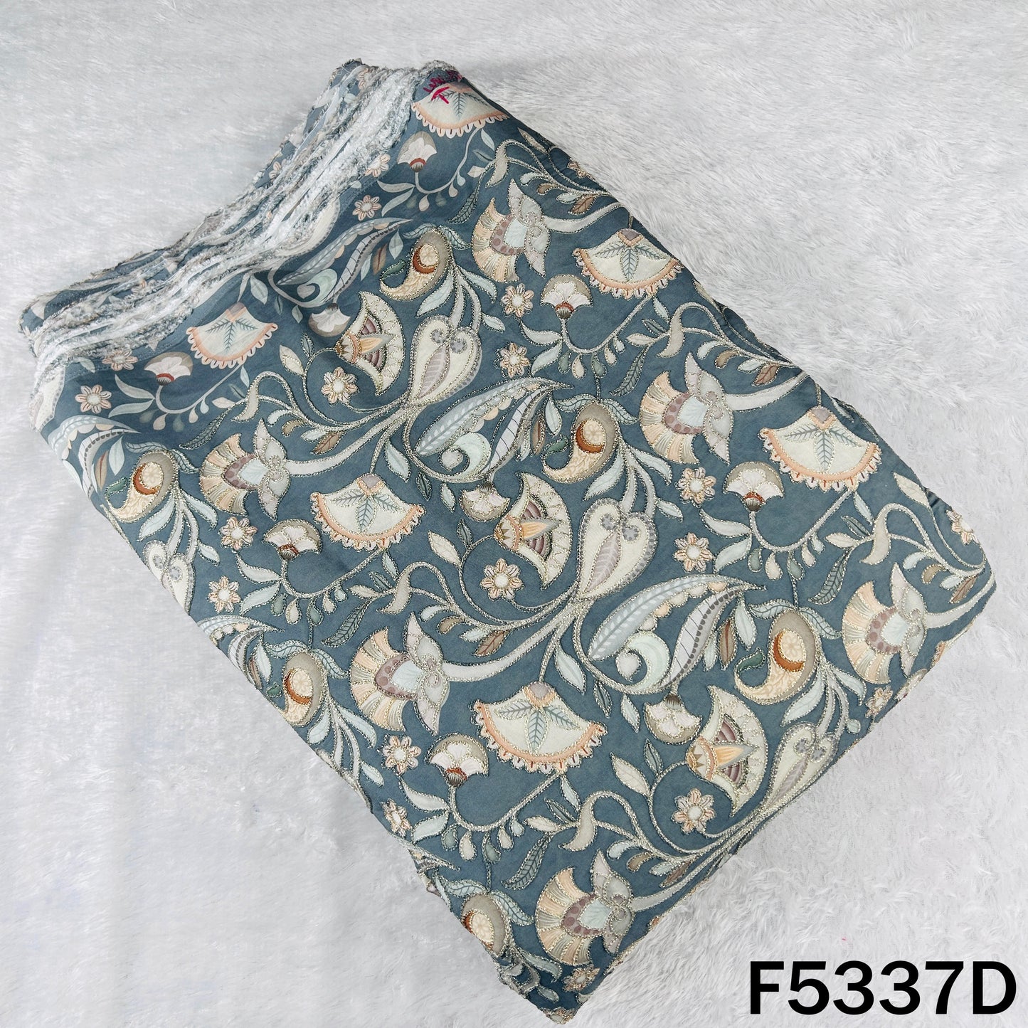 Digital Print Zari Embroidered Cotton Silk Fabric - F5337