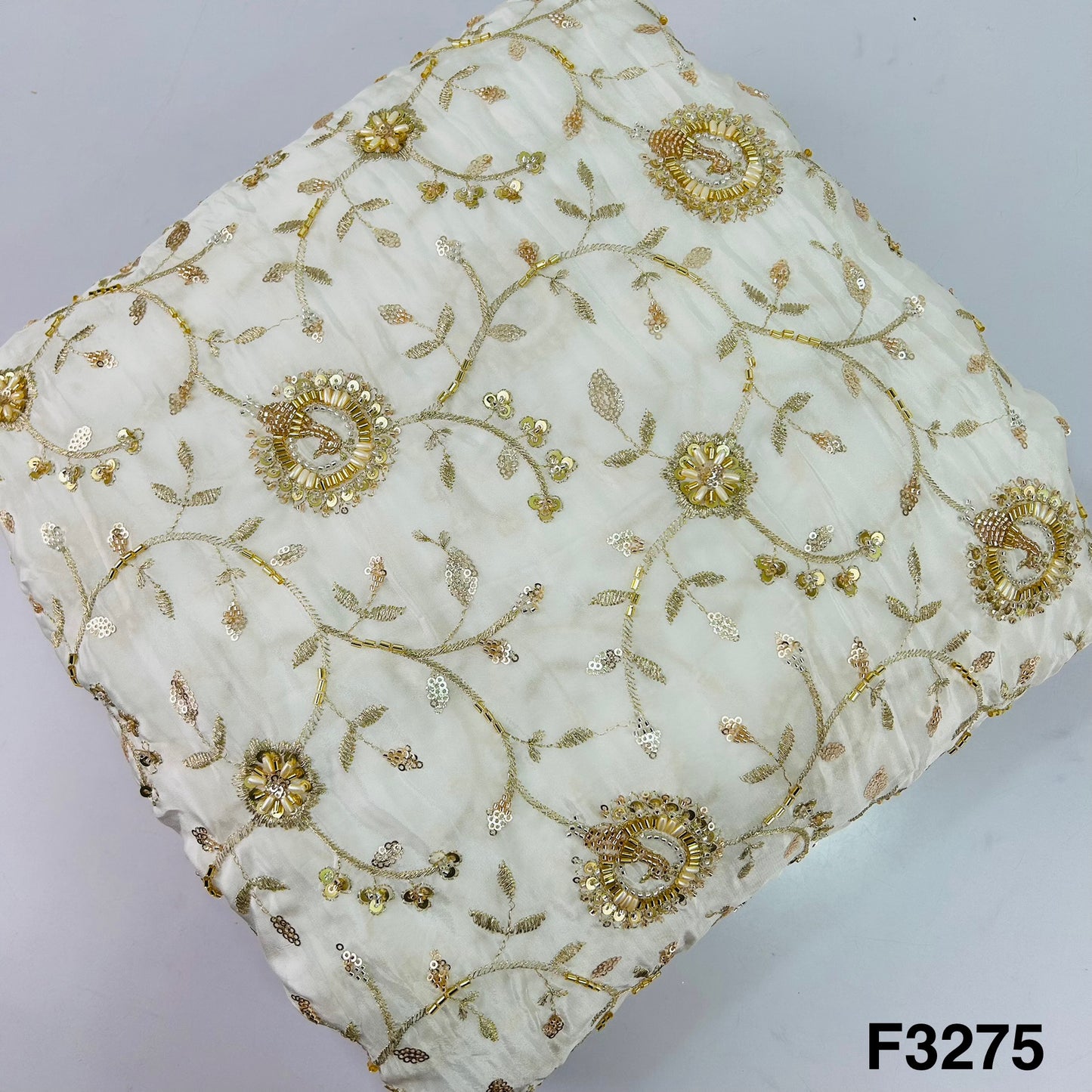 Cut Dana Work Zari Sequins Embroidered Crepe Fabric-F3275