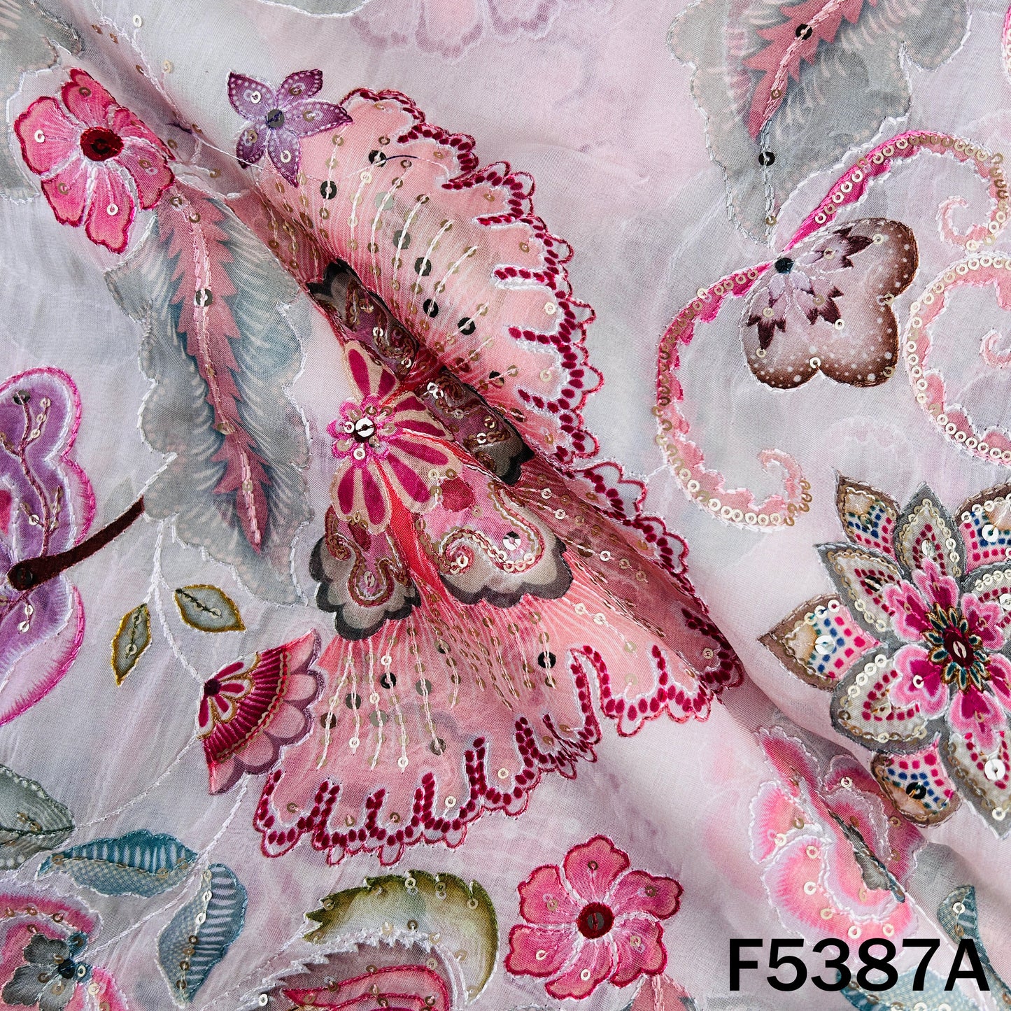 Positional Print Thread Sequins Embroidered Organza Fabric - F5387
