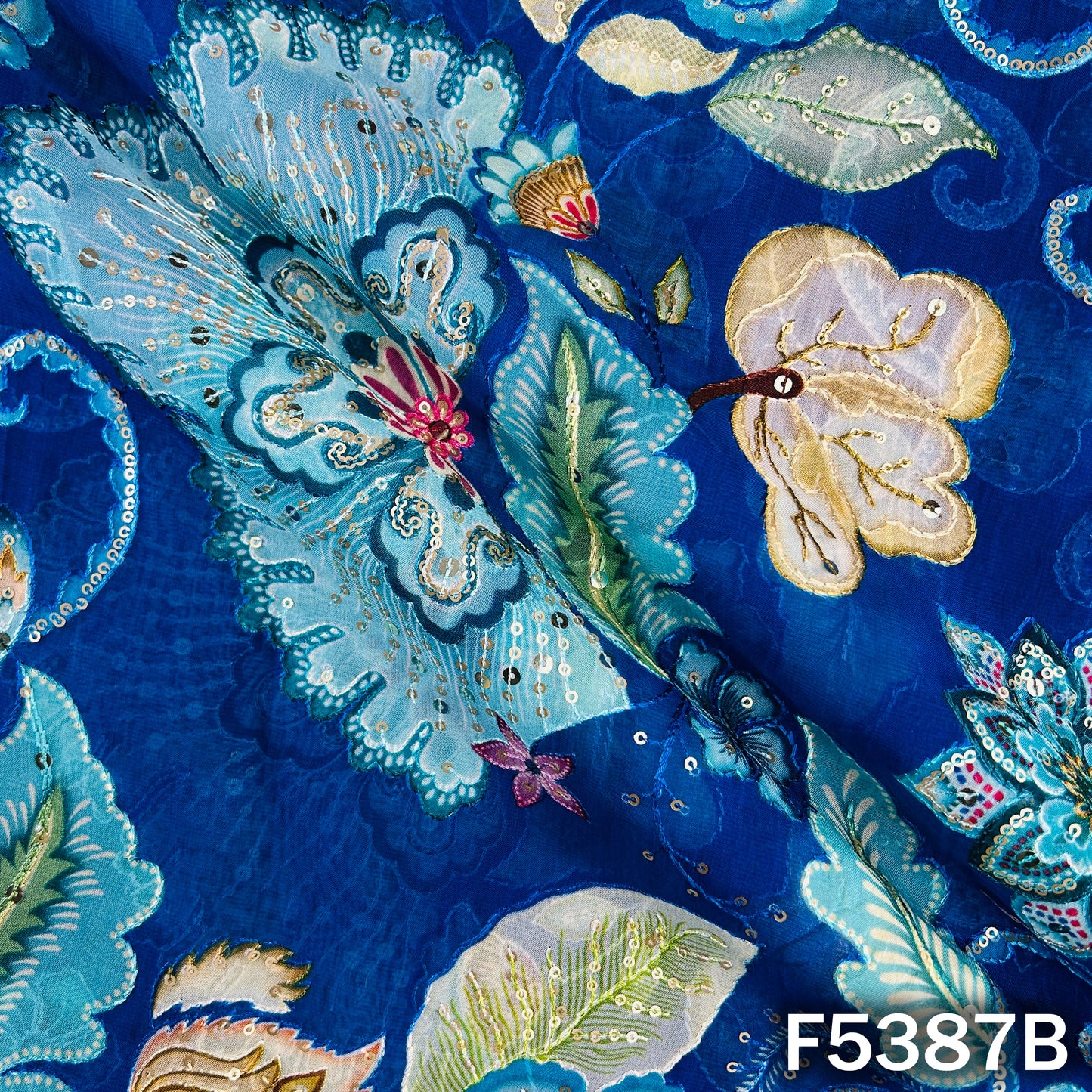 Positional Print Thread Sequins Embroidered Organza Fabric - F5387