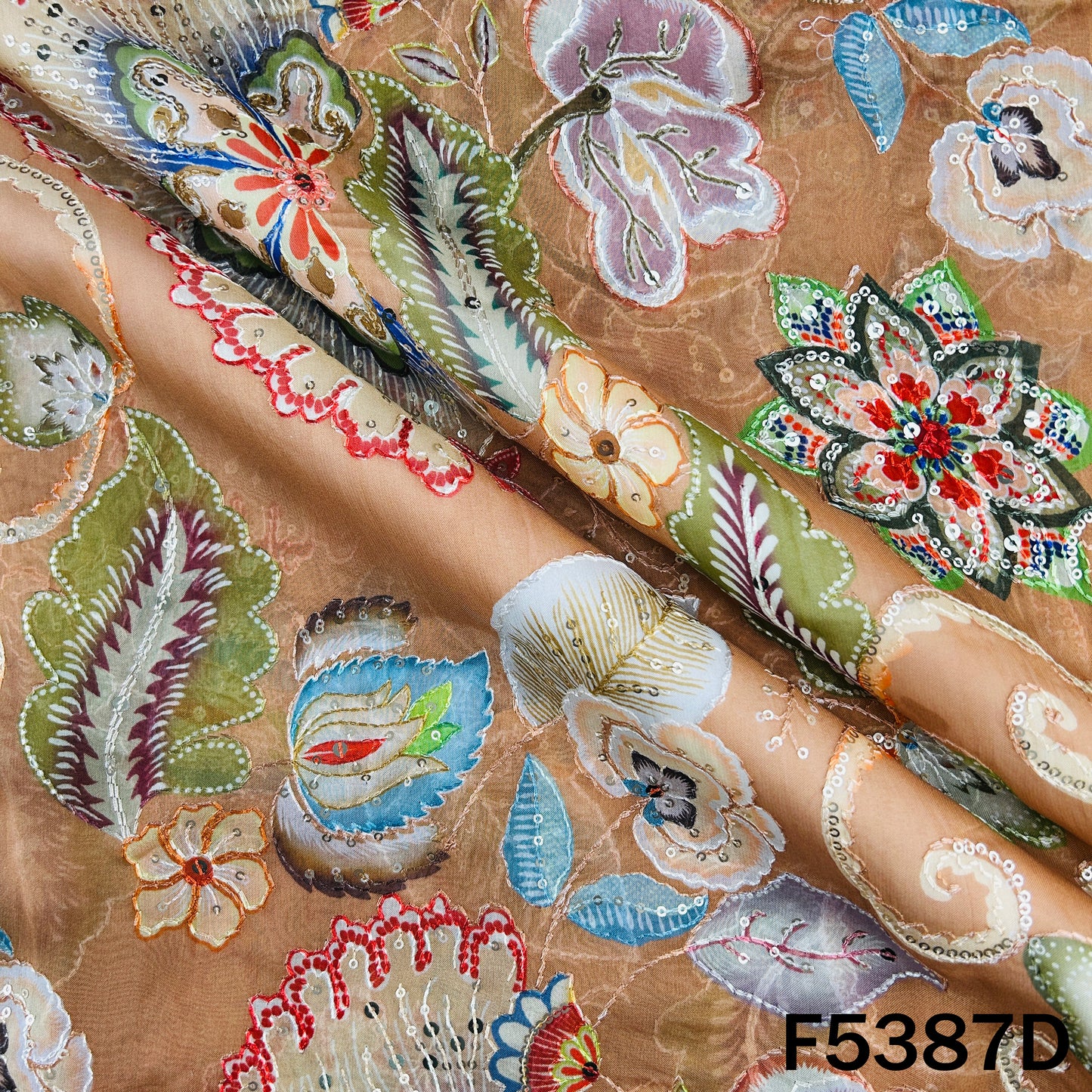 Positional Print Thread Sequins Embroidered Organza Fabric - F5387