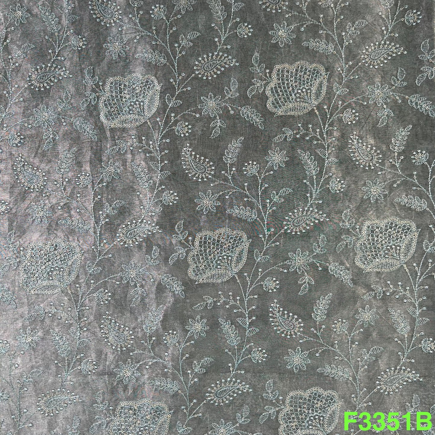 Thread Embroidered Silk Organza Fabric-F3351