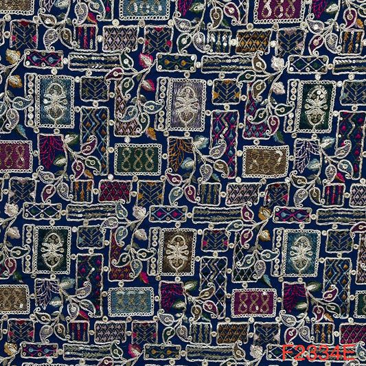 Zari Thread Sequins Embroidered Georgette Fabric-F2334