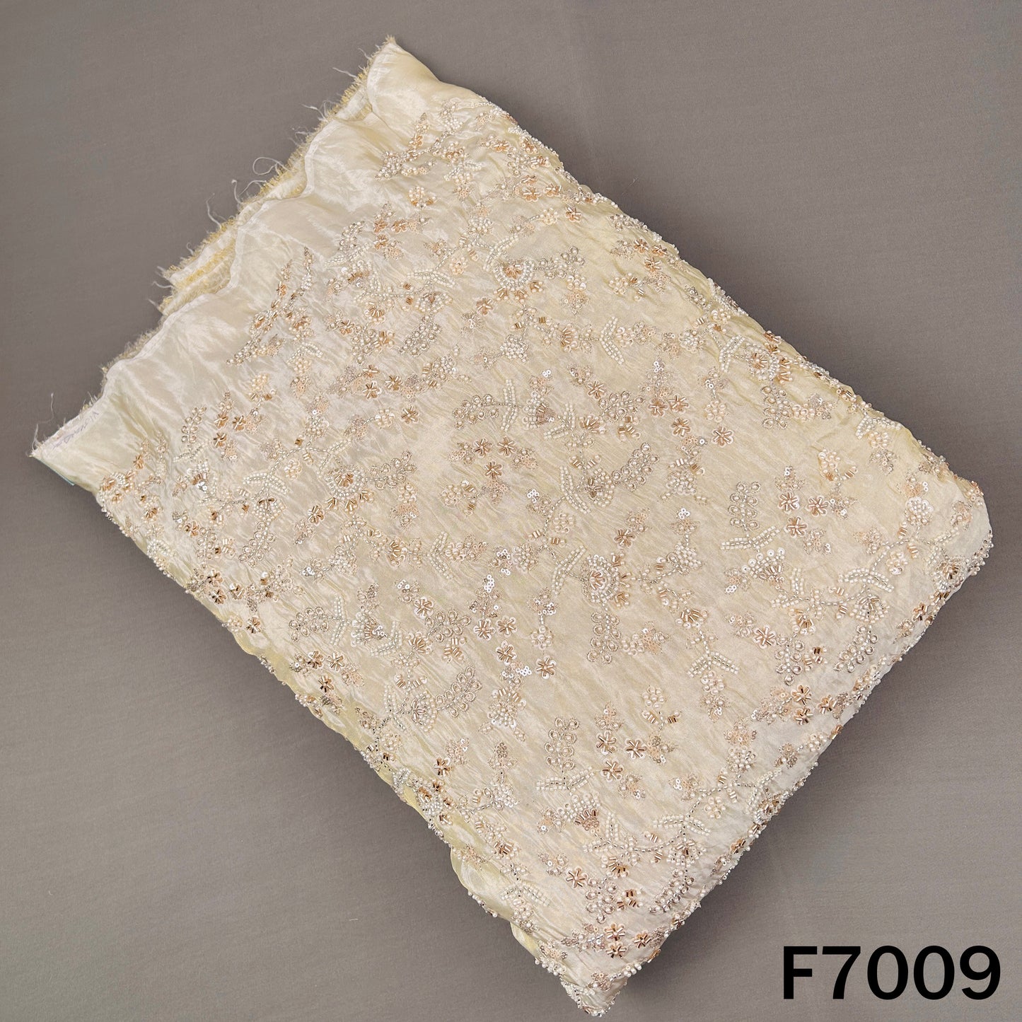 Dyeable Cut Dana Pearls Zari Sequins Embroidered Shimmer Tissue Fabric - F7009