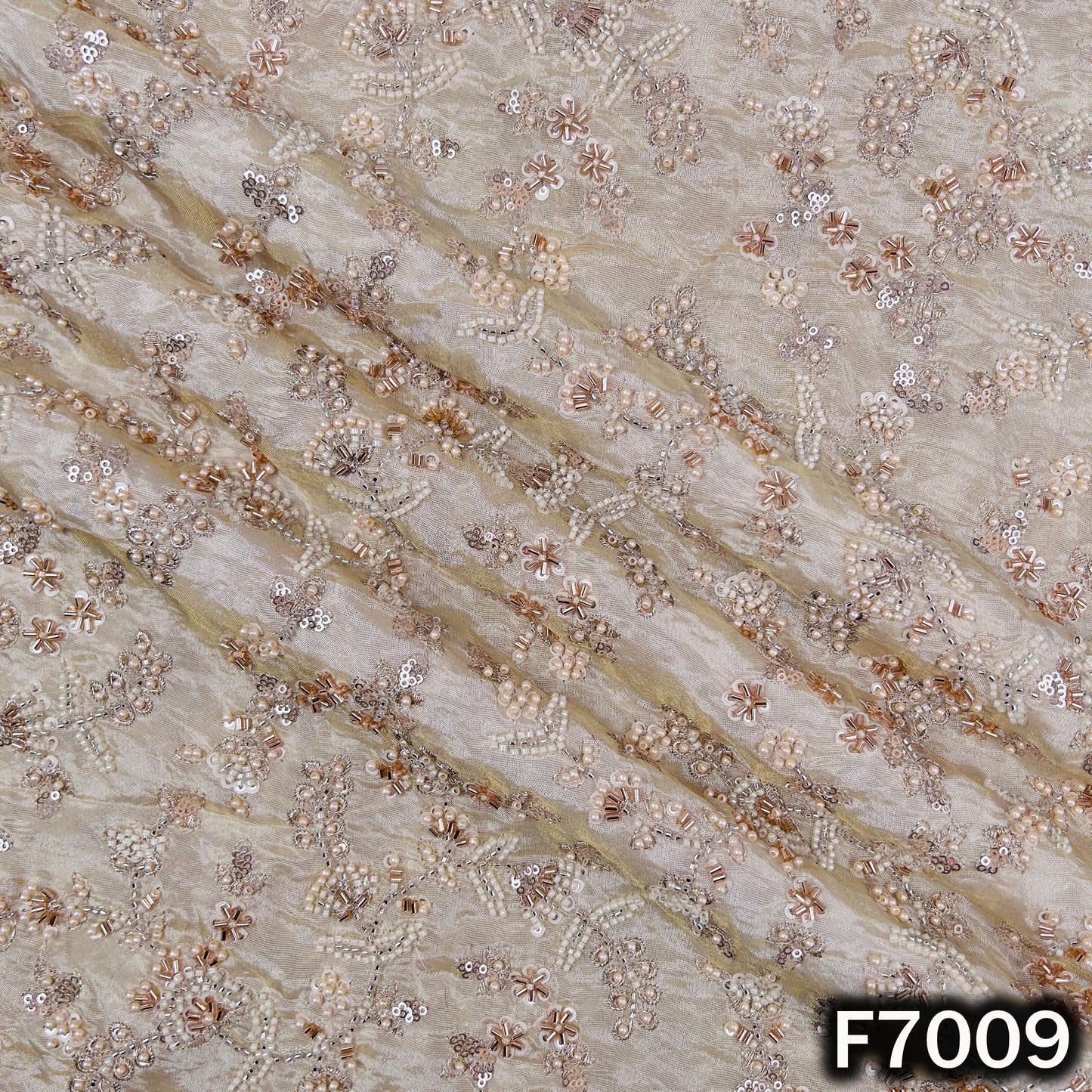Dyeable Cut Dana Pearls Zari Sequins Embroidered Shimmer Tissue Fabric - F7009