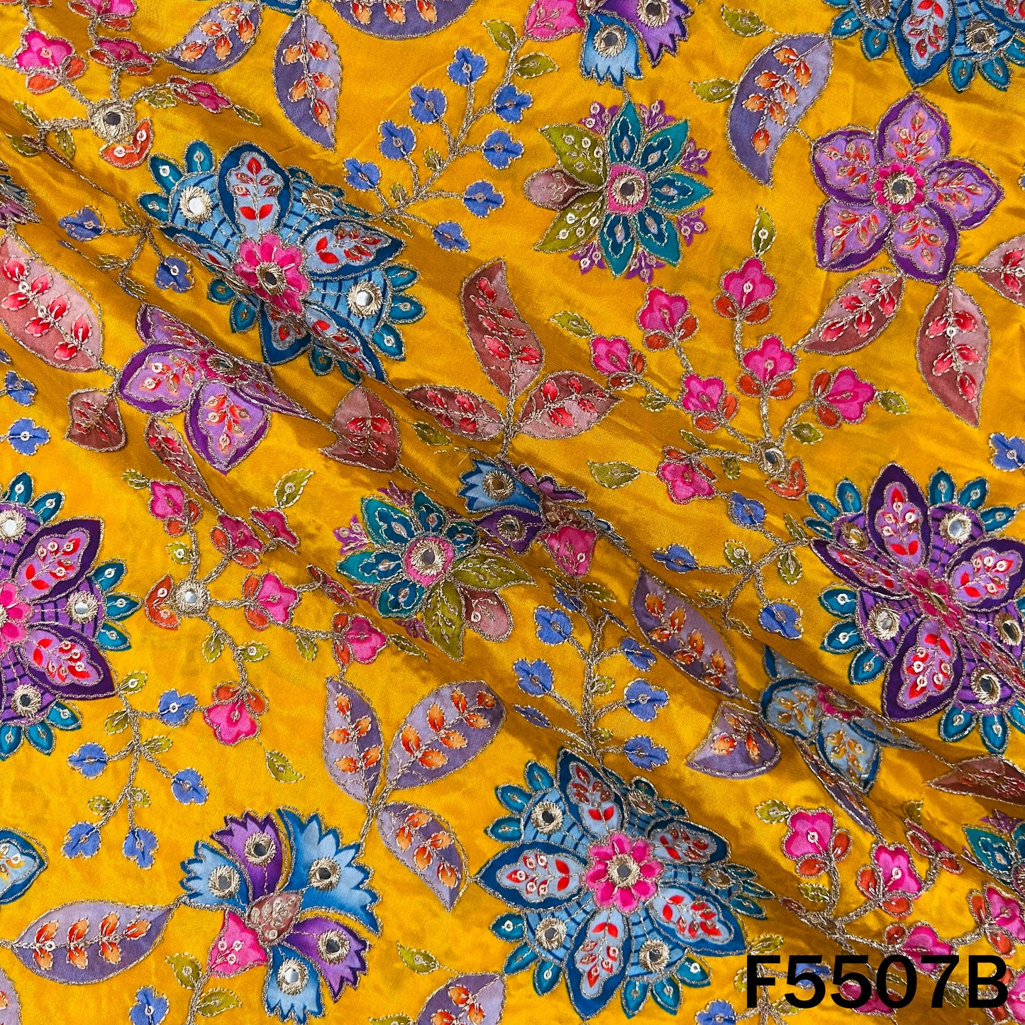 Positional Print Zari Sequins Faux Mirror Embroidered Crepe Fabric - F5507