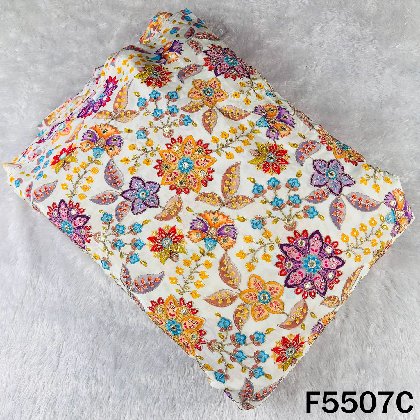 Positional Print Zari Sequins Faux Mirror Embroidered Crepe Fabric - F5507