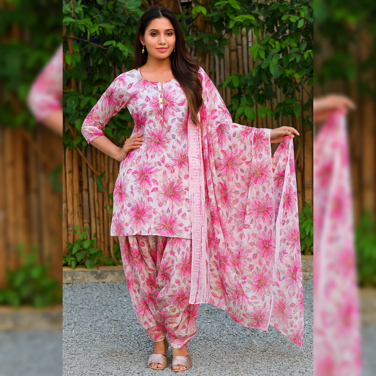 Positional Print Zari Embroidered Crepe Fabric-F4389