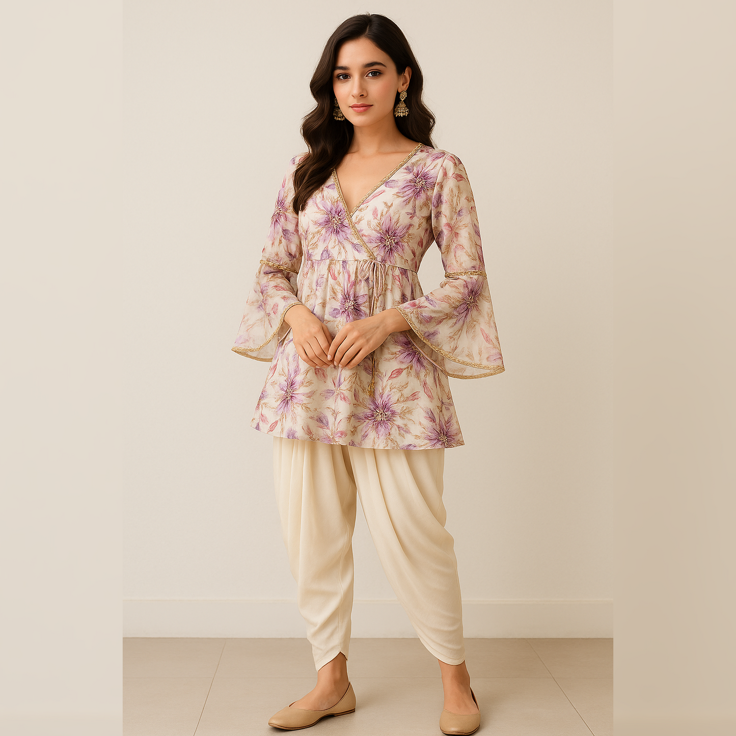 Positional Print Zari Embroidered Crepe Fabric-F4389