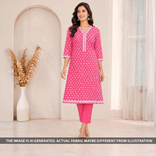 Indian model wearing pink block print cotton kurti made from F6882 fabric