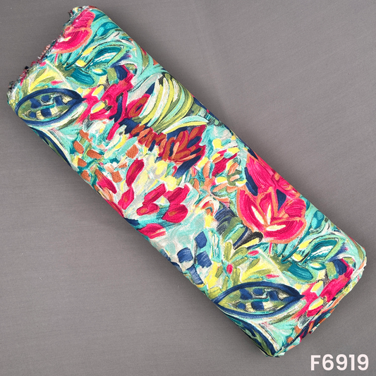Foil print rayon fabric F6919 with abstract floral artwork in turquoise, pink, olive, navy and yellow tones