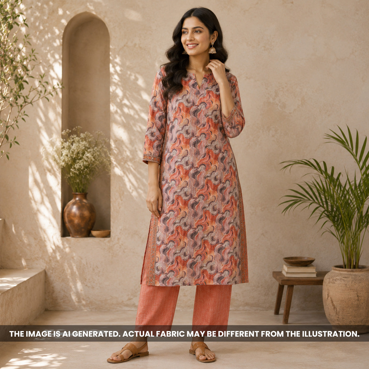 Indian woman wearing a straight kurti made from Printed Thread Sequins Work Semi Silk fabric F6981
