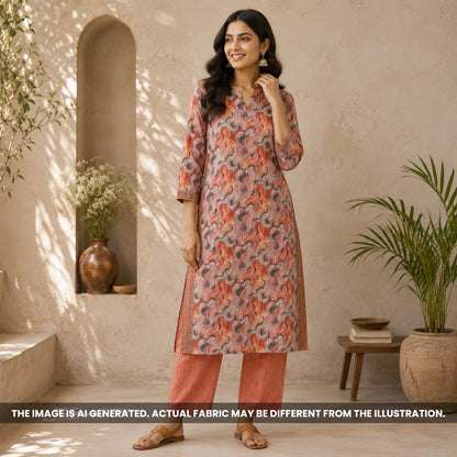 Indian woman wearing a straight kurti made from Printed Thread Sequins Work Semi Silk fabric F6981