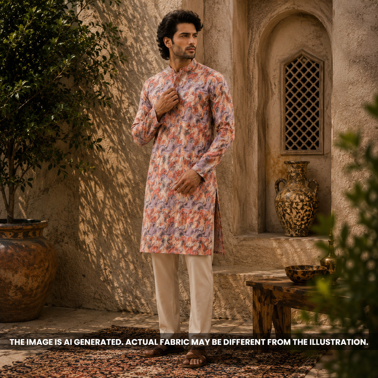 Indian male model styled in a kurta crafted from artistic wave print semi silk fabric F6981