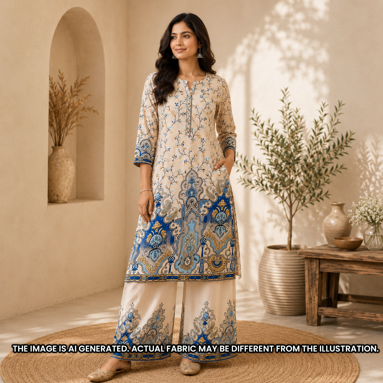 Indian model wearing a beige blue printed suit made from Digital Print Crepe Satin fabric F6917