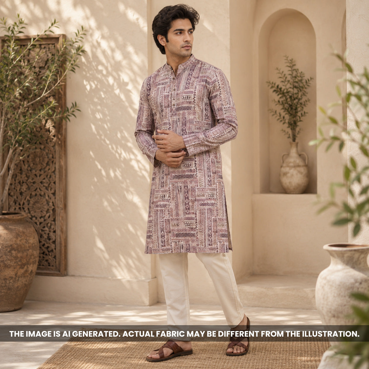 Indian male model styled in a beige printed kurta crafted from patchwork design Semi Linen fabric F6973