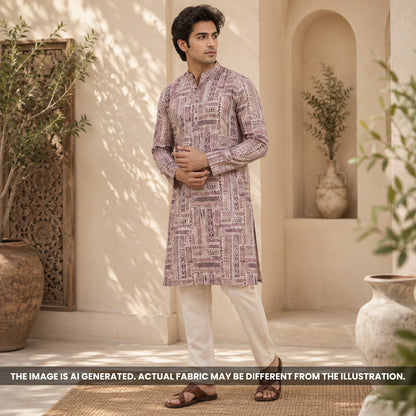 Indian male model styled in a beige printed kurta crafted from patchwork design Semi Linen fabric F6973