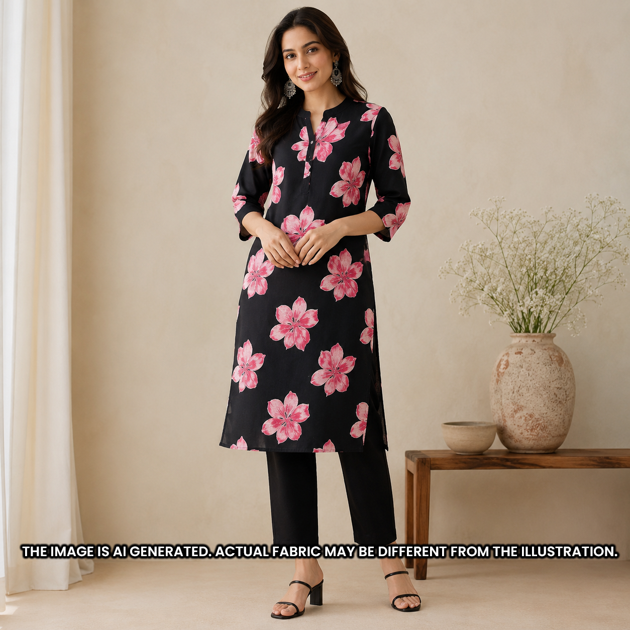 Indian model styled in a black rayon kurti set designed with the bold pink floral pattern of F6947