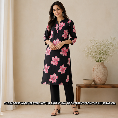 Indian model styled in a black rayon kurti set designed with the bold pink floral pattern of F6947