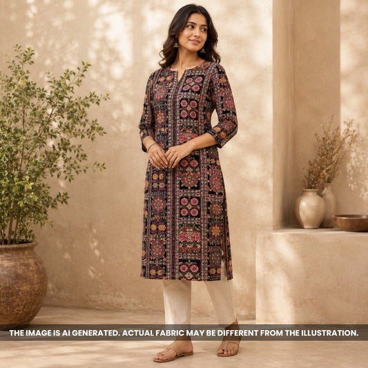 Indian model wearing a black printed kurti designed from soft Foil Print Rayon fabric F6989