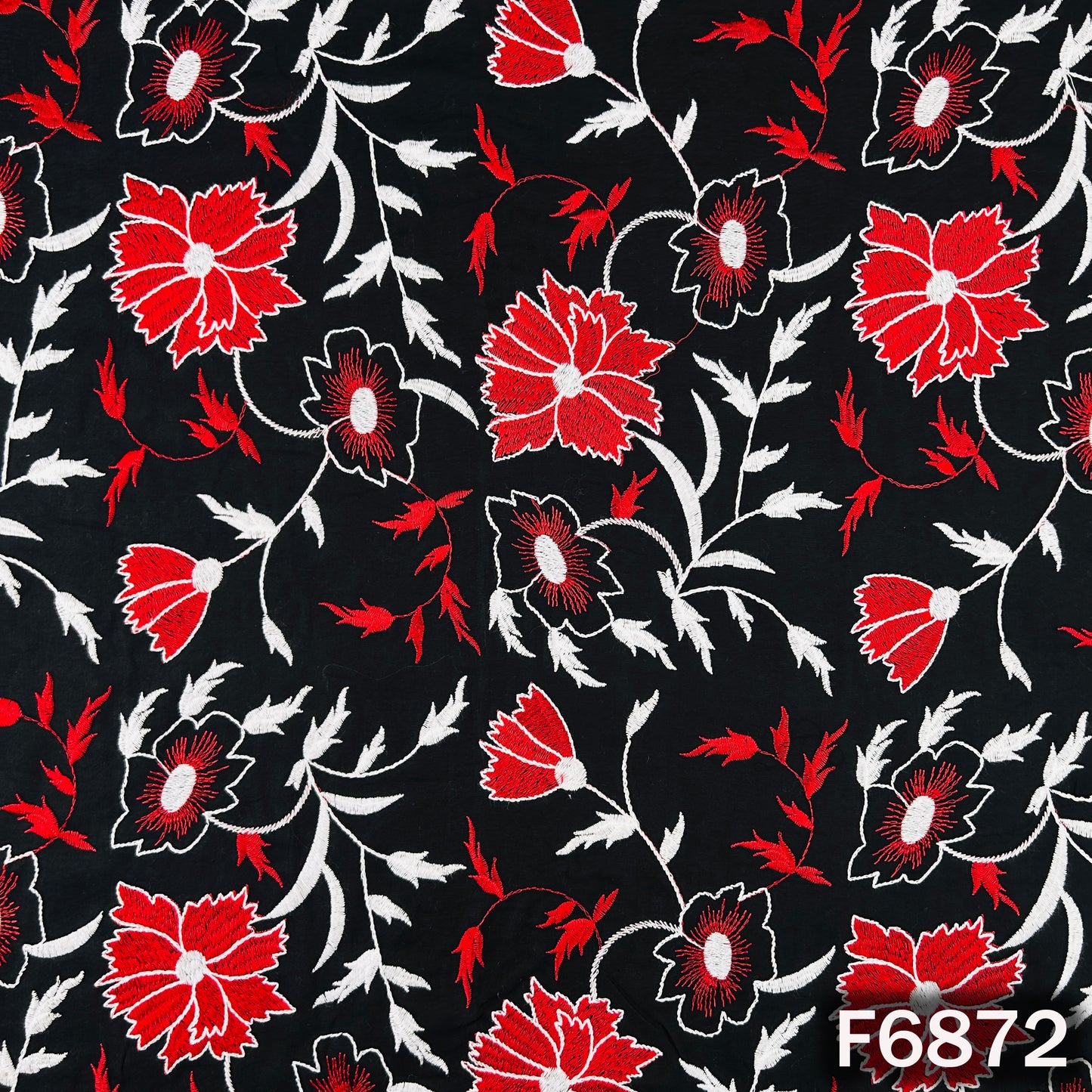 Black Rubia cotton fabric F6872 with red floral embroidery and white leaf thread work