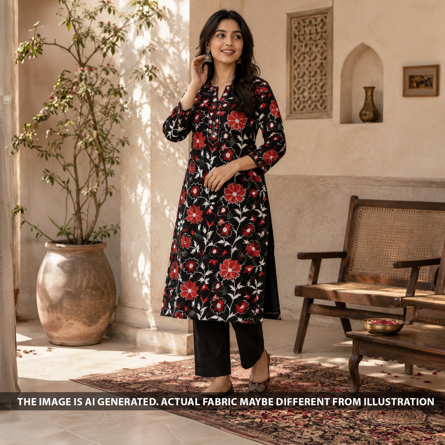 Indian model wearing black Rubia cotton suit made from F6872 floral thread embroidered fabric