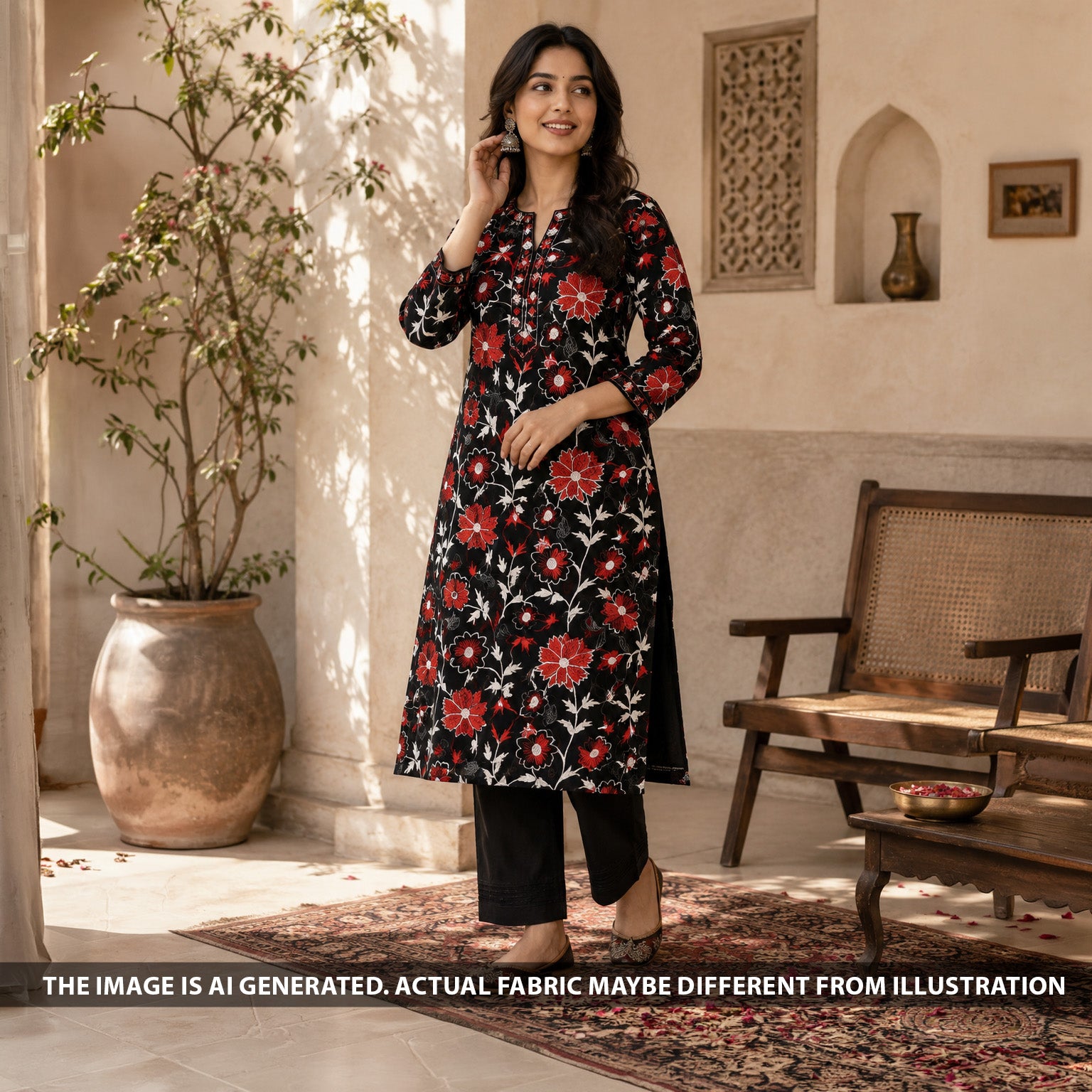 Indian model wearing black Rubia cotton suit made from F6872 floral thread embroidered fabric