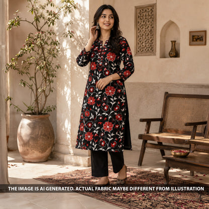 Indian model wearing black Rubia cotton suit made from F6872 floral thread embroidered fabric