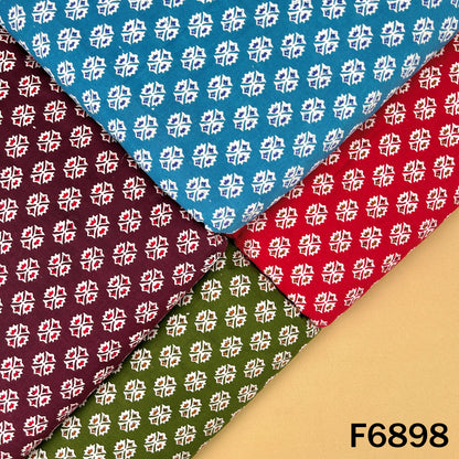 Multicolor block print cotton fabric F6898 arranged in blue, red, green and purple shade combinations