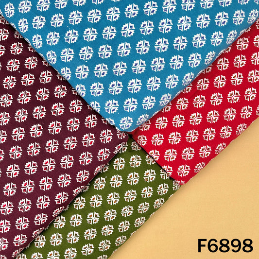 Multicolor block print cotton fabric F6898 arranged in blue, red, green and purple shade combinations