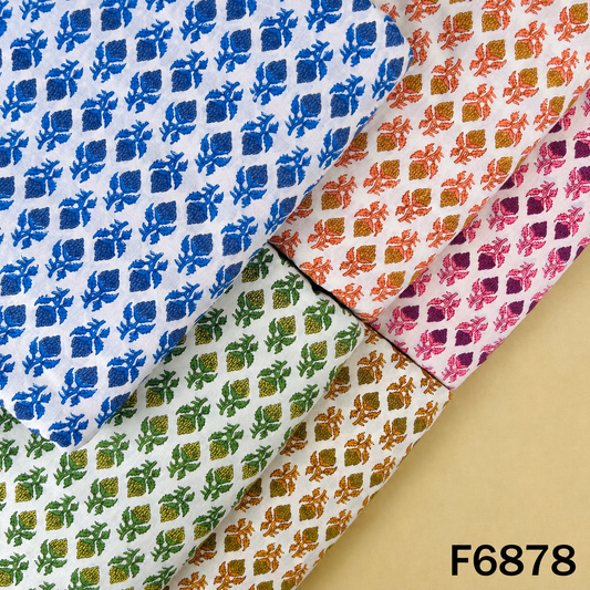 Multicolor block print cotton fabric F6878 with traditional floral motifs on soft white base