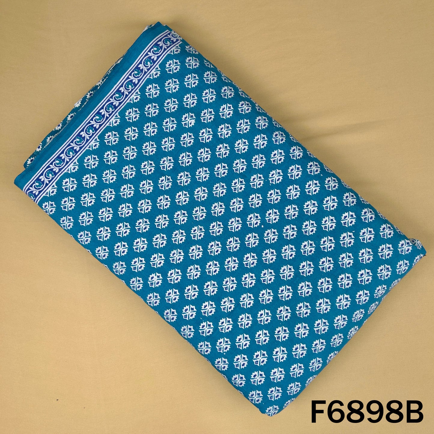 Blue block print cotton fabric F6898B featuring classic white motifs for kurtis and suits