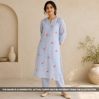 Indian model wearing a sky blue kurti crafted from Thread Embroidered Mul Chanderi fabric F6982