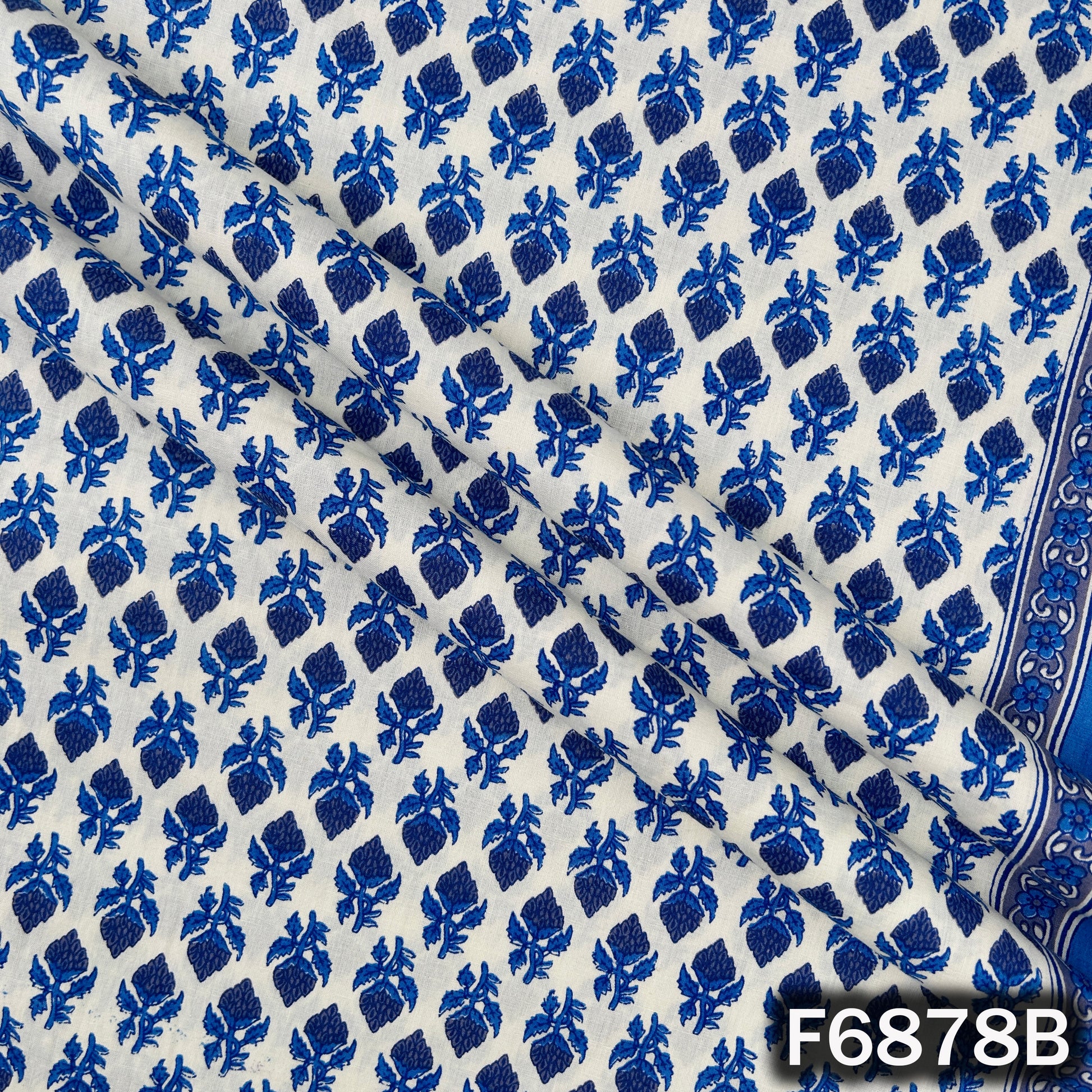 Detailed view of blue floral block print cotton fabric F6878B for kurtis and suits