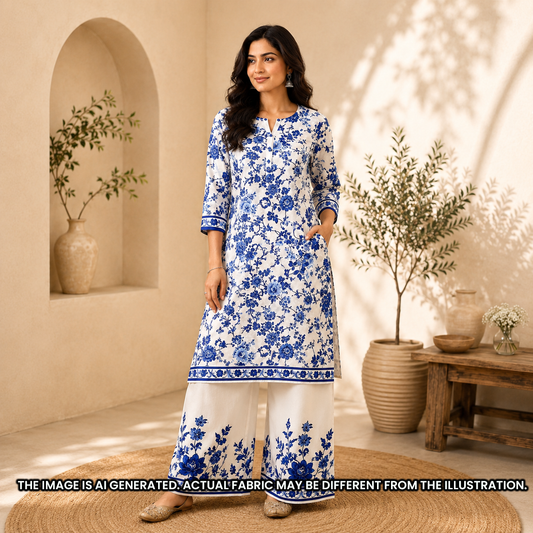 Indian model wearing a blue floral suit crafted from smooth Digital Print Crepe Satin fabric F6916