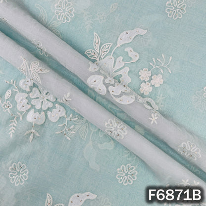 Detailed view of blue Mul Chanderi fabric F6871B with thread sequins work