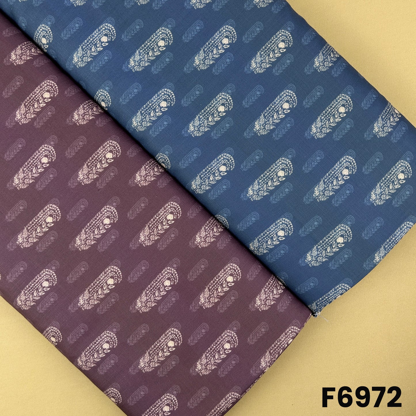 Printed Semi Linen fabric F6972 with paisley buta motifs in plum and deep blue color options