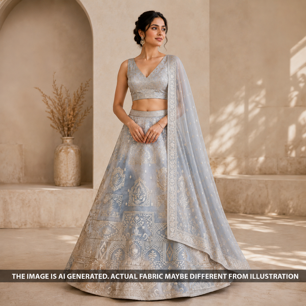 Indian model wearing a blue shimmer tissue lehenga crafted from FabricRoot F6897 zari work fabric