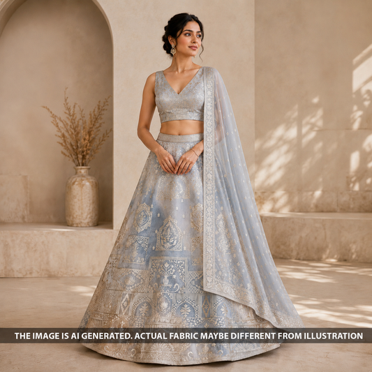 Indian model wearing a blue shimmer tissue lehenga crafted from FabricRoot F6897 zari work fabric