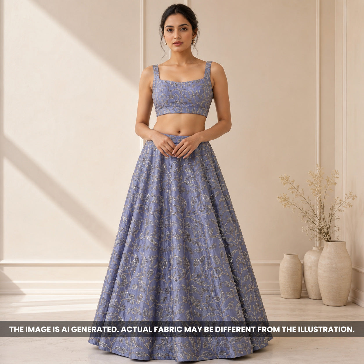 Indian model wearing a blue lehenga crafted from Cut Dana Zari Sequins Embroidered Shimmer Tissue fabric F6984