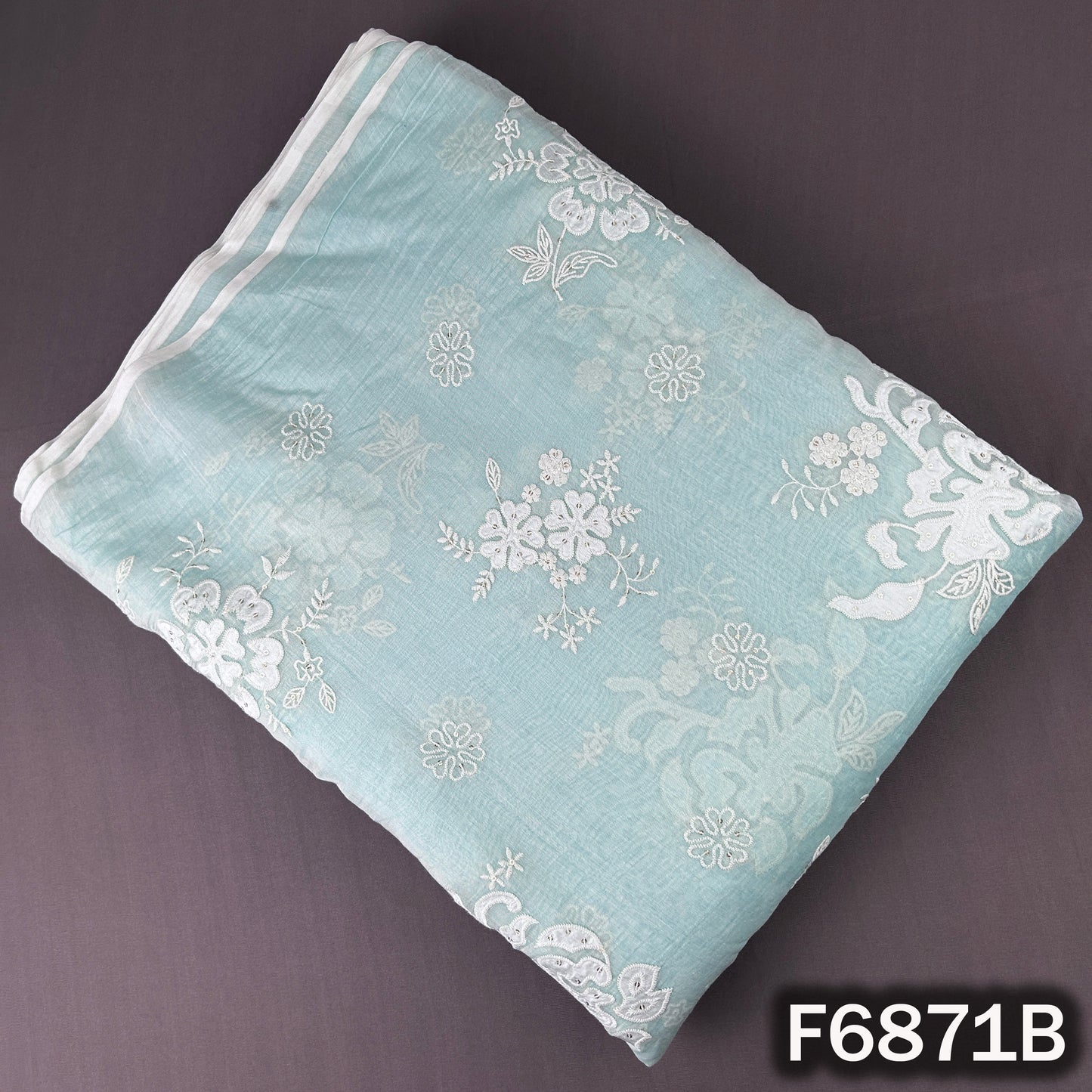 Blue Mul Chanderi fabric F6871B with delicate floral embroidery and sequins detailing