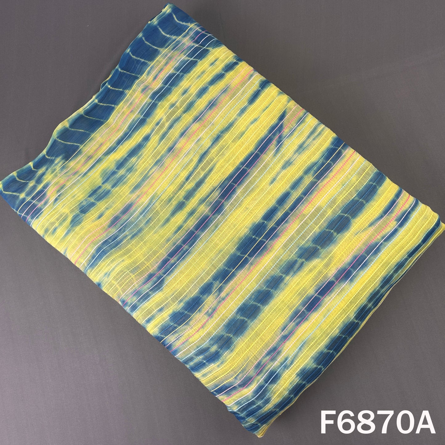 Blue and yellow tie-dye striped Chanderi fabric with colorful stripe pattern