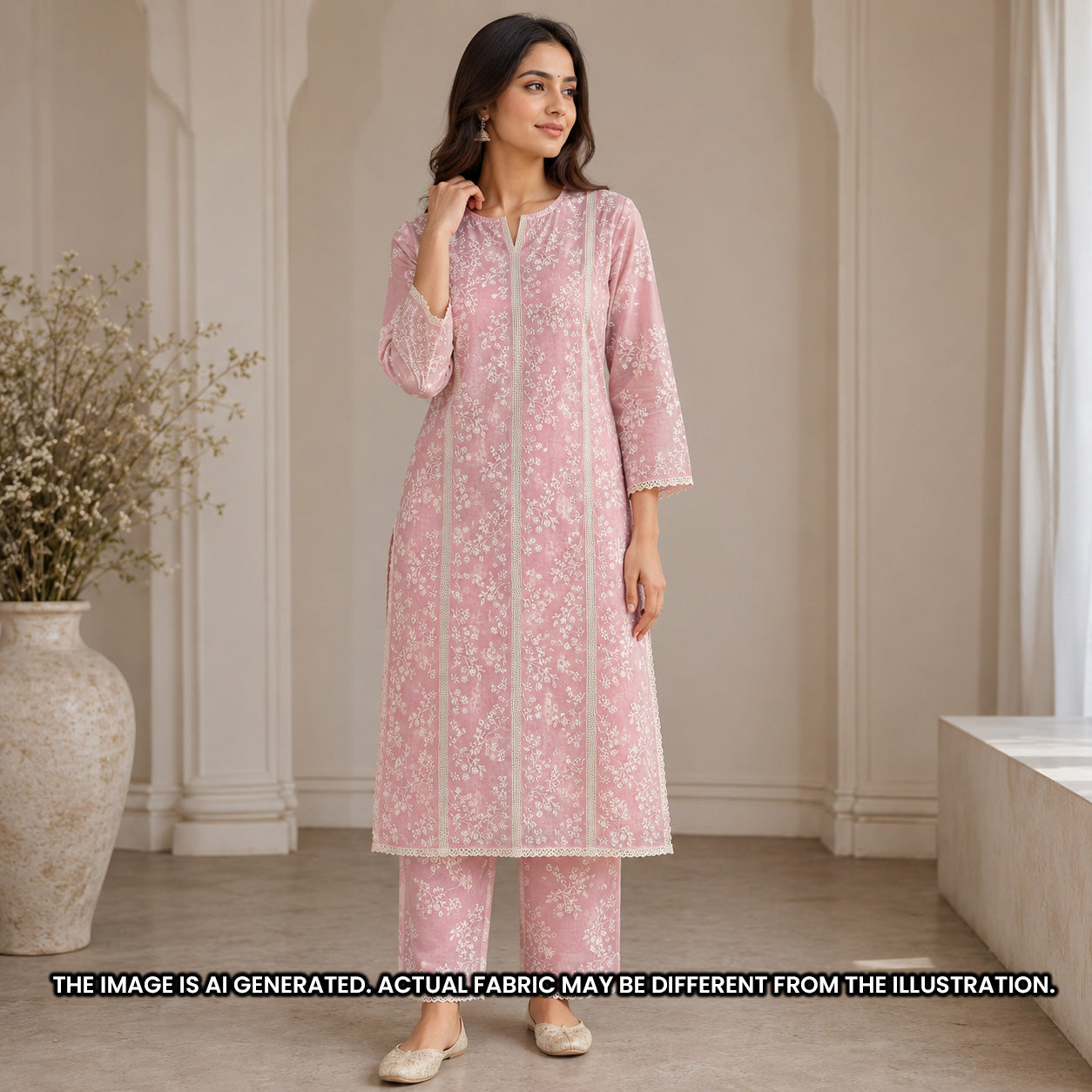 Indian model wearing a blush pink kurti crafted from delicately embroidered Mul Chanderi fabric F6958