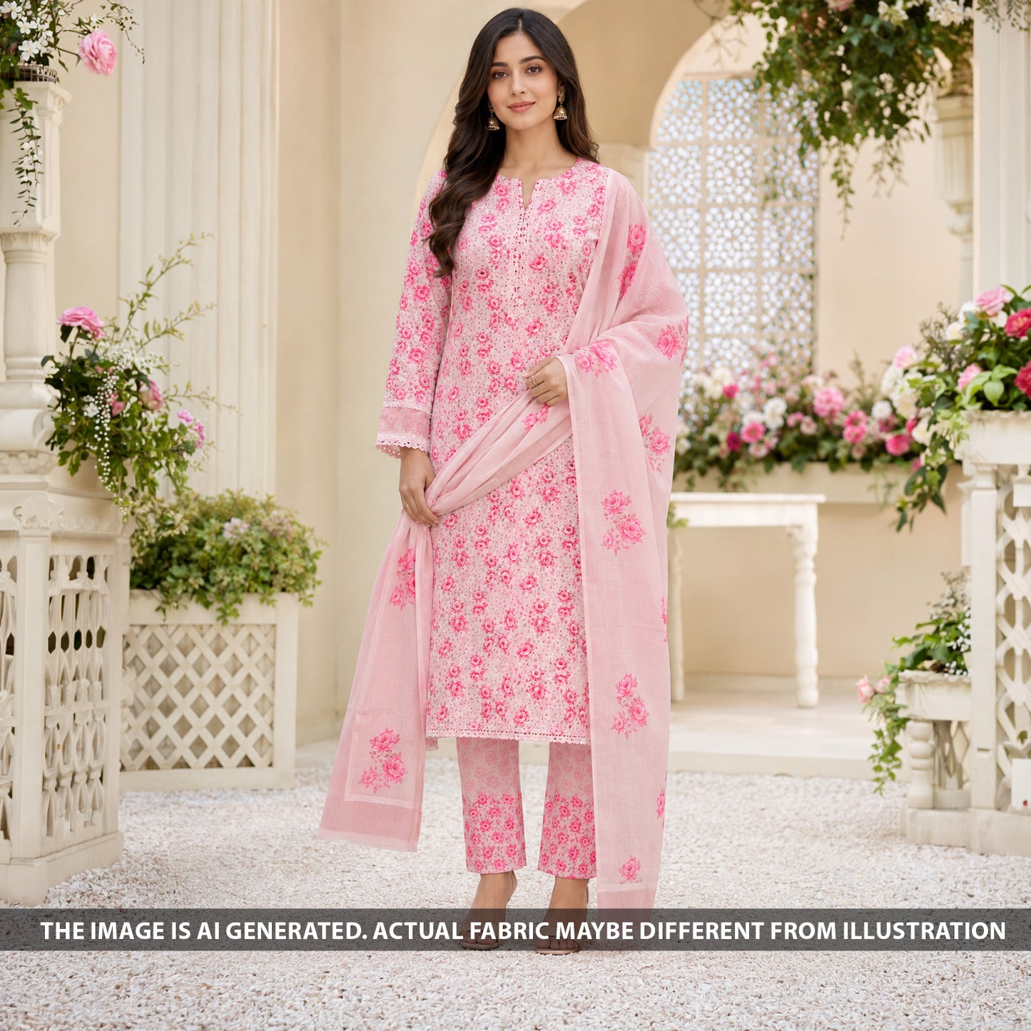 Indian model dressed in a blush pink floral suit made from F6905 Hakoba Cambric cotton fabric